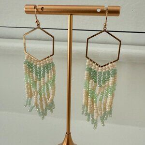 🌿 Boho Beaded Fringe Earrings – Mint Green & Cream with Hexagon Frame ✨